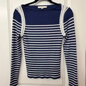 LOFT Navy & White Striped Ribbed Sweater with Crochet Shoulder Trim